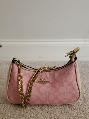 Coach Blush Pink Signature Mini Shoulder Bag with Gold Chain
